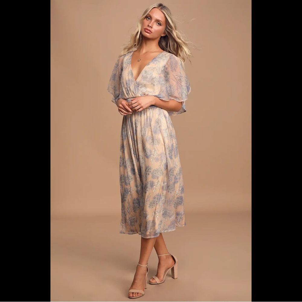 Lulu’s Subtle Romance Beige Floral Print Ruffled
Midi Dress